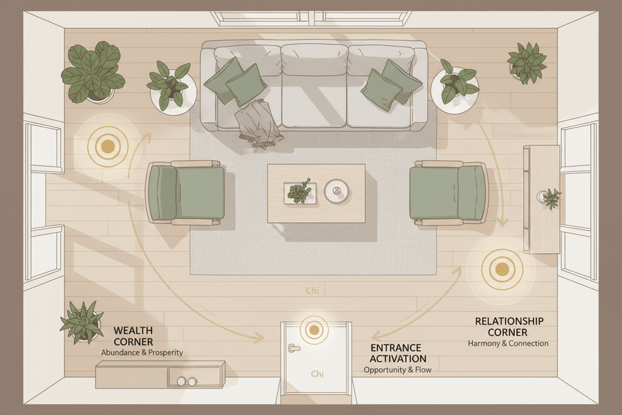 Feng Shui Floor Lamp Placement Guide showing living room layout with wealth and relationship corners marked.