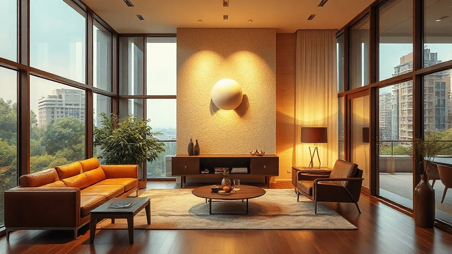 Modern living room featuring a travertine wall lamp, highlighting the Travertine Wall Lamp Specification Guide for Architects: 2026 Material & Design Trends.