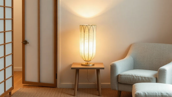 Japanese Rice Paper Lamps: Embracing Wabi-Sabi in Your Autumn Home with cozy warm lighting in a minimalist style living room.