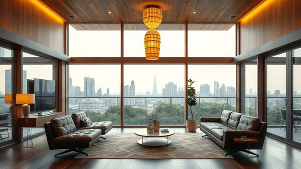 Luxurious modern living room interior with city view, highlighting Travertine Wall Lamp Specification Guide: Sourcing Stone Lighting for Residential & Commercial Projects.