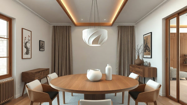 Dining room featuring Japanese pendant lights: Bring Zen Serenity to Your Home This Season with natural materials and soft lighting.