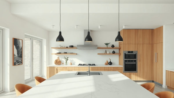 Modern kitchen design featuring Kitchen Island Lighting 2026: Scandinavian & Mid-Century Design Trends with pendant lights.