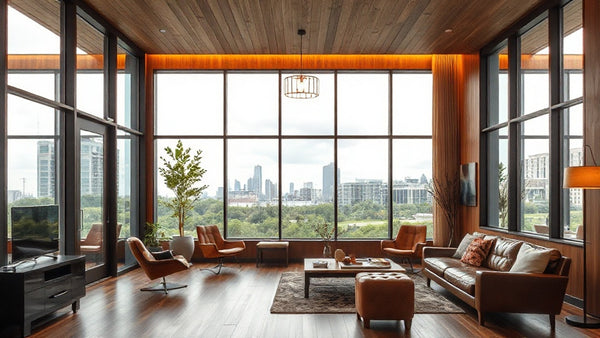Modern living room with city view showcasing design inspiration for 7 Specification-Led Outdoor Wall Light Solutions for Architects in 2026.