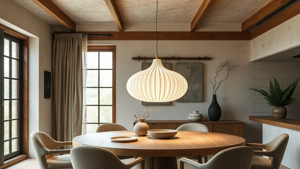 Japanese Pendant Lights & Wabi Sabi Design: The 2026 Trend Guide featuring a zen-inspired ceiling lamp in a serene dining room.