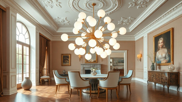 Elegant dining room with Sputnik chandelier, showcasing 'Sputnik Chandeliers Are Back: Why Designers Are Choosing Space Age Lighting in 2026'.