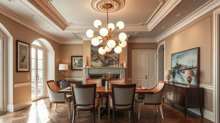 Interior with Sputnik chandelier showcasing 2026's bold space age lighting trend in a modern dining room.