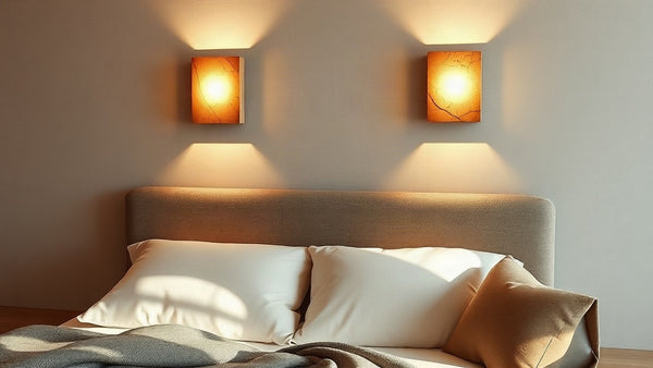 Cozy bedroom with travertine wall lamps: bring natural stone warmth to your home this autumn highlighting the 2026 lighting trend.