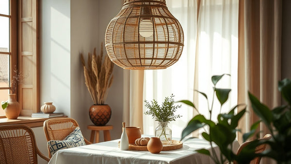 Rattan Pendant Lights: 2026 Trends for Architects Designing Summer Interiors in a sunlit dining room with natural elements.