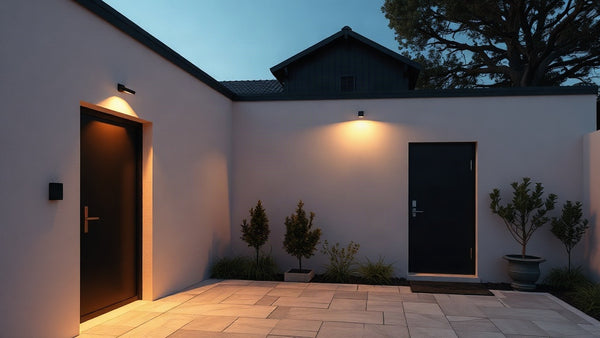 Modern outdoor wall lights in a courtyard, featured in "Outdoor Wall Lights 2026: Specification Guide for Architects & Designers".