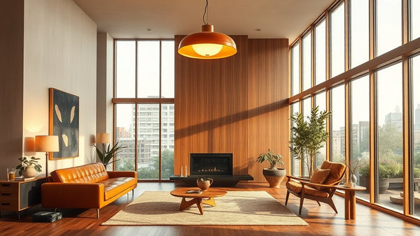 Mid-century modern living room with pendant light for The Essential Guide to Mid-Century Modern Lighting for Your Spring Renovation.