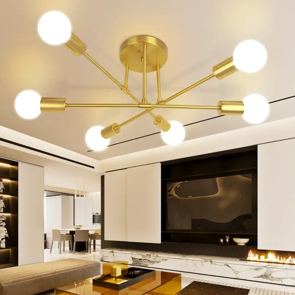 Mad Men Inspired Ceiling Lights in a modern living room with retro design and gold finish.