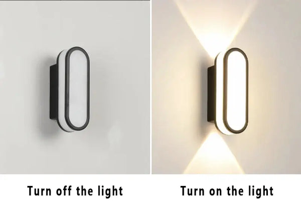 Aluminum Outdoor Modern Nordic Dimmable Wall Lamp shown in off and on states, highlighting functionality and design.