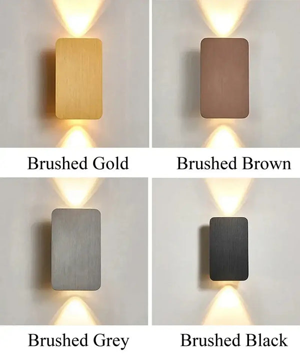 Brushed Gold/Black Double Head Wall Light in four finishes: Gold, Brown, Grey, and Black with elegant up-and-down illumination.