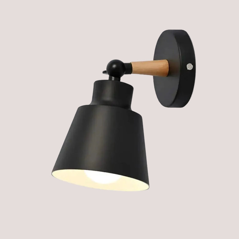 Collection of Modern Nordic Wooden Wall Lights showcasing a sleek black wall lamp with wooden accents.