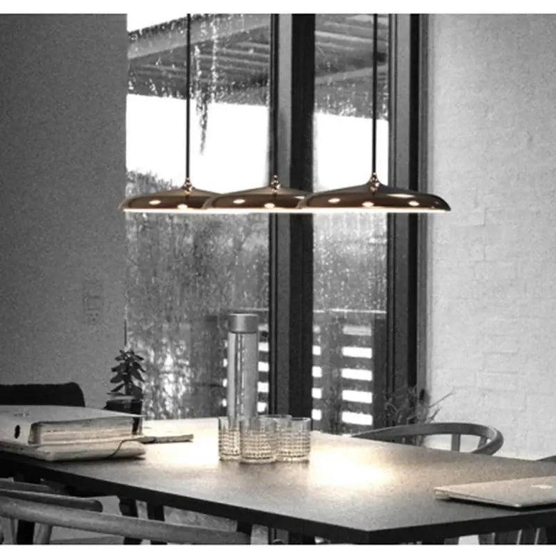 Minimalist Metal Hanging Lamp stylishly illuminating a modern dining table with a contemporary design.