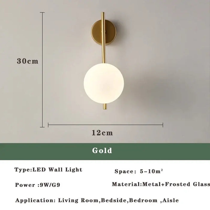 Art Deco Golden Circle Sconce in gold finish with frosted glass, suitable for living room, bedside, and bedroom applications.