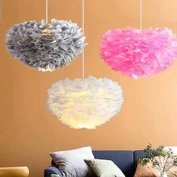 Goose Feather Pendant Chandelier – Soft Modern Lighting for Bedroom, Living Room or Boutique in grey and pink colors.