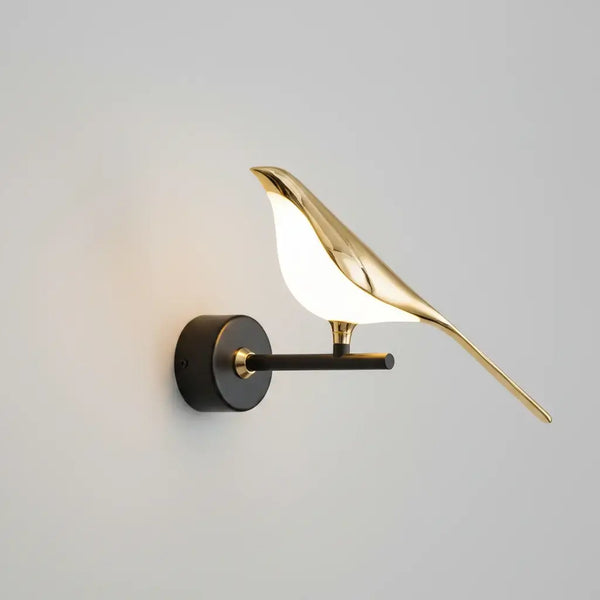 Hero A modern wall-mounted bird-shaped light fixture in polished gold and matte black, mounted on a slate blue-gray wall. The image is presented as a product photo with a white header containing the text 'GOODS SITUATION' and 'Product photo'.