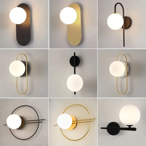 Art Deco Golden Circle Sconce variants showcasing elegant lighting designs in black, gold, and bronze finishes.