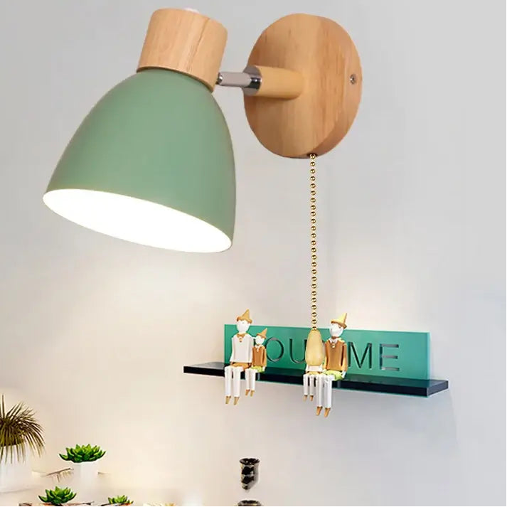 Modern Sconce With Switch featuring a green shade and wooden base, stylish wall-mounted lighting for modern decor.