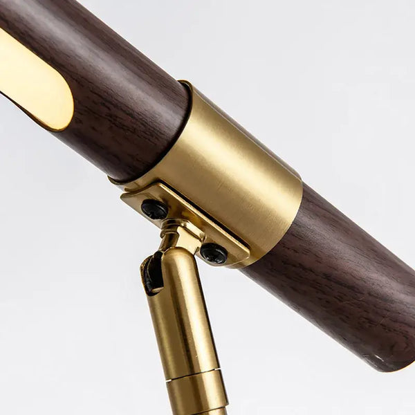 Modern Minimalist LED Table Lamp – Foldable Wood Grain Desk Light with Brass Base close-up of adjustable joint and materials.