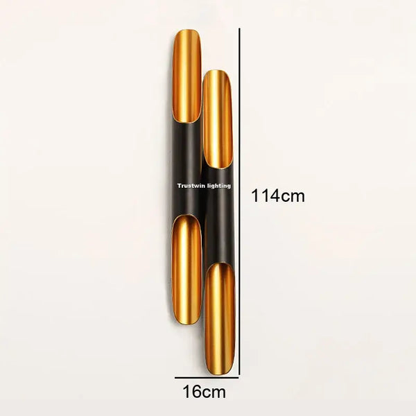 Nordic Glow Tubular Sconce in sleek black and gold design, measuring 114cm by 16cm, ideal for modern interiors.