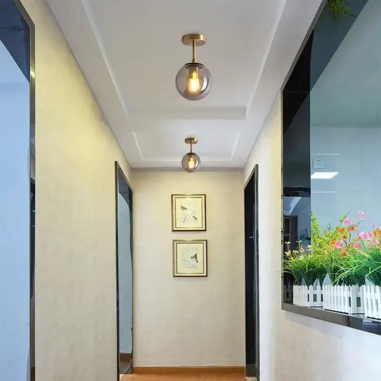 Brushed Brass Glass Globe Semi-Flush LED Ceiling Light