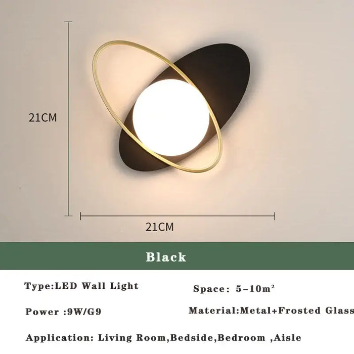 Art Deco Golden Circle Sconce in black with LED light, perfect for living room and bedroom decor.