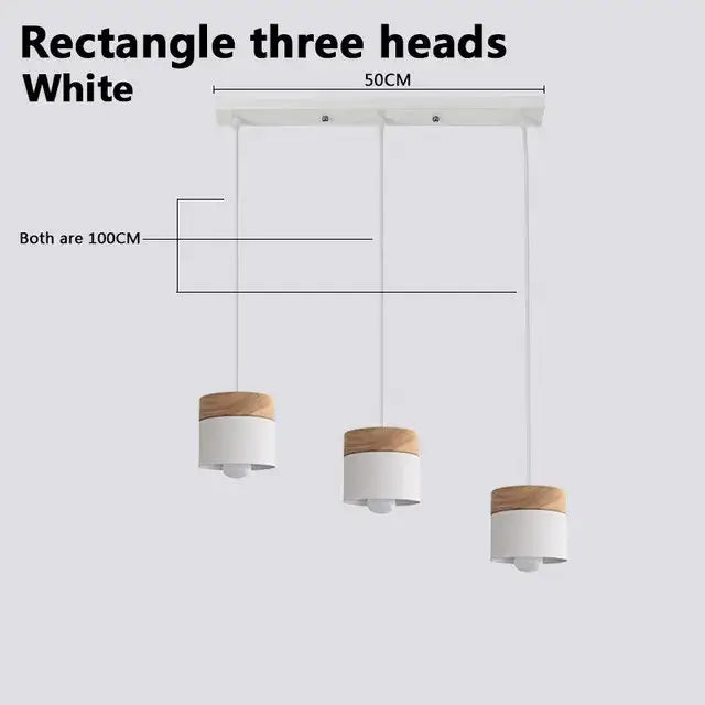 Simple Metal Danish Pendant with Wood in white featuring three heads and wooden accents.