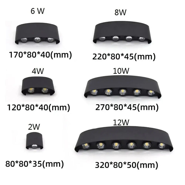 Bathroom Modern Waterproof LED Wall Lamp - Black or White with Gold IP65 size comparison diagram