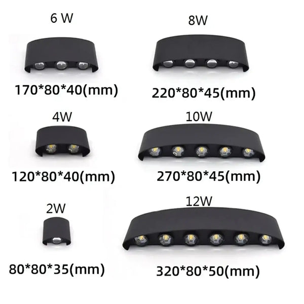 Bathroom Modern Waterproof LED Wall Lamp - Black or White with Gold IP65 size comparison diagram