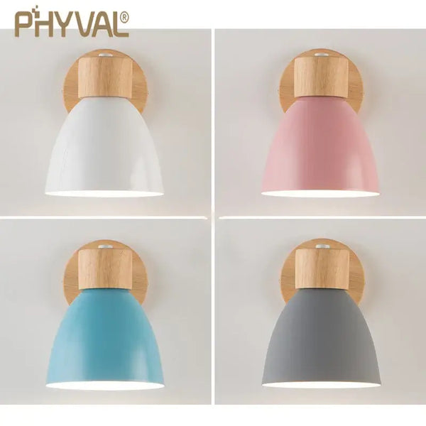 Modern Sconce With Switch in white, pink, blue, and gray color options on a wooden base.