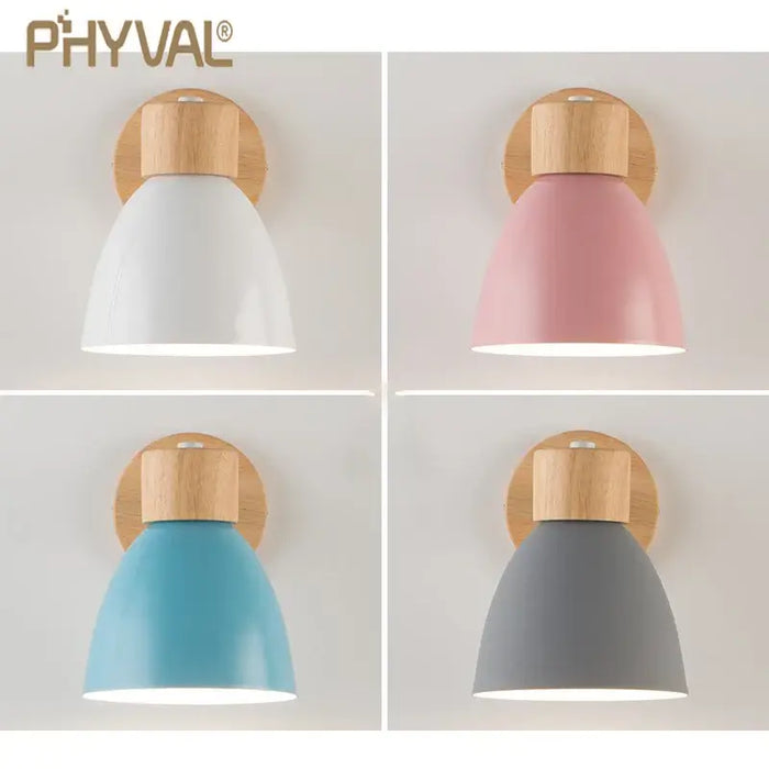 Modern Sconce With Switch in white, pink, blue, and gray color options on a wooden base.