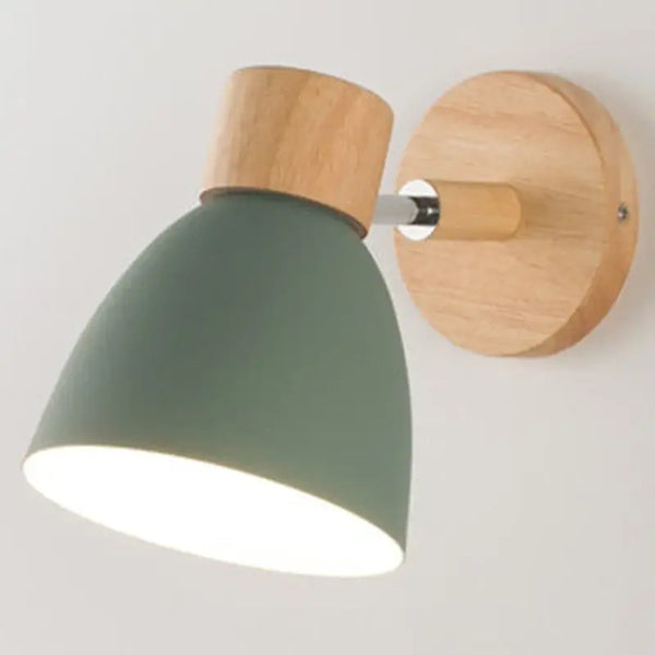 Modern Sconce With Switch, wall-mounted lighting fixture with stylish green shade and wooden base.