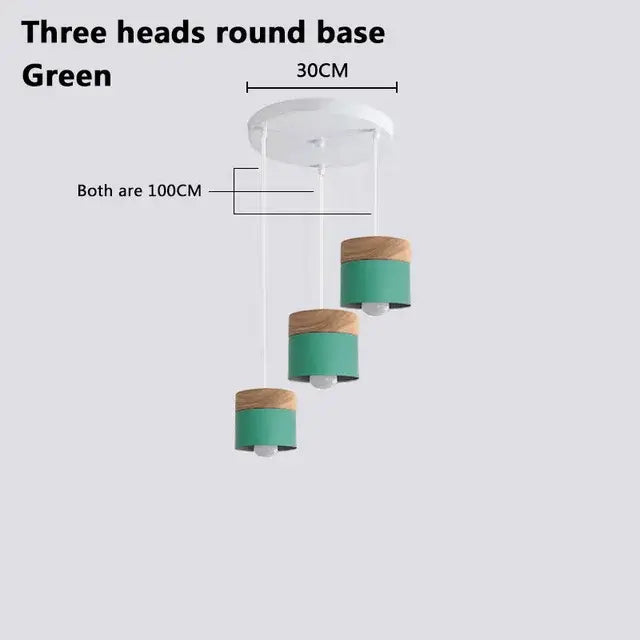 Simple Metal Danish Pendant with Wood in green, featuring three heads and round base design for modern interiors.