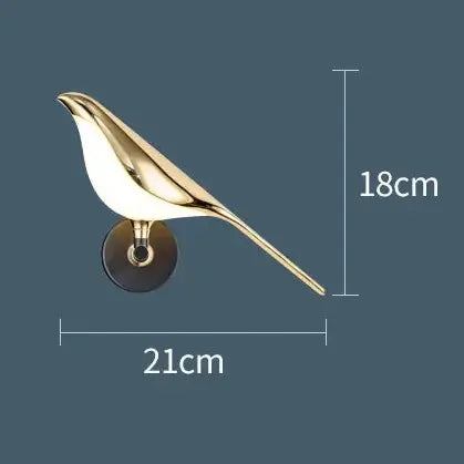 Product parameters diagram showing a gold bird-shaped wall sconce with dimensions labeled as 21cm wide and 18cm high on a dark blue-gray background.