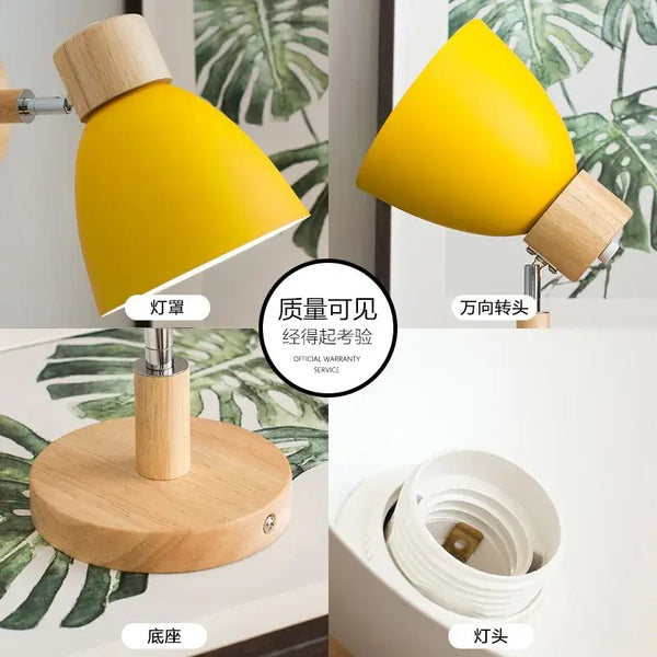 Modern Sconce With Switch in yellow with wooden base and adjustable head for versatile lighting.