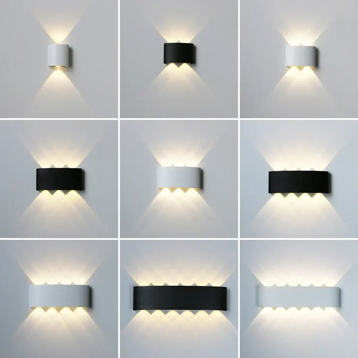Bathroom Modern Waterproof LED Wall Lamp - Black or White with Gold IP65 options in various designs and lighting effects.
