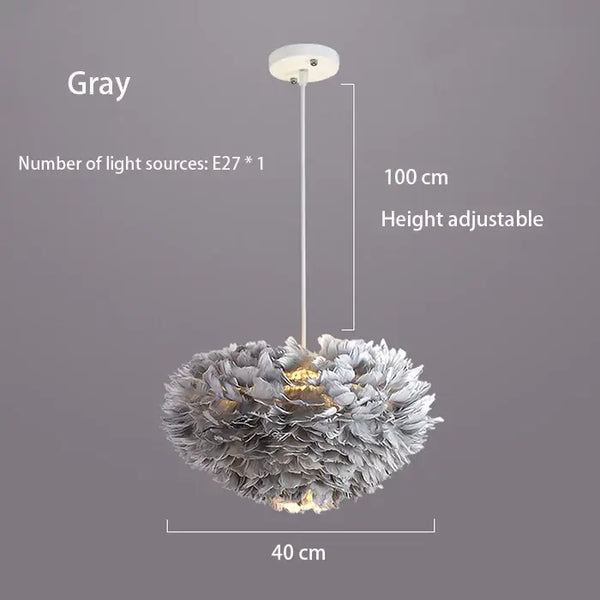 Goose Feather Pendant Chandelier – Soft Modern Lighting for Bedroom, Living Room or Boutique in gray with adjustable height.