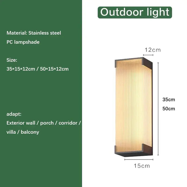 Modern Outdoor Waterproof Stainless Steel Wall Light – Warm & Cool White dimensions and design details for outdoor spaces.