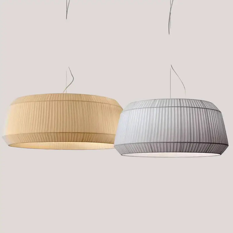 Nordic Pleated Fabric Pendant Light – Soft Minimalist Ceiling Lamp in beige and gray colors.