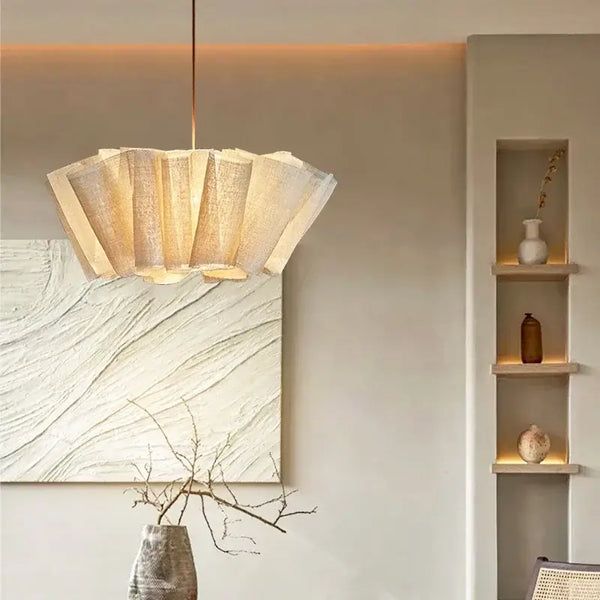 Off-White Pendant Light made from Natural Plant Fiber illuminated in a cozy, elegant interior setting.