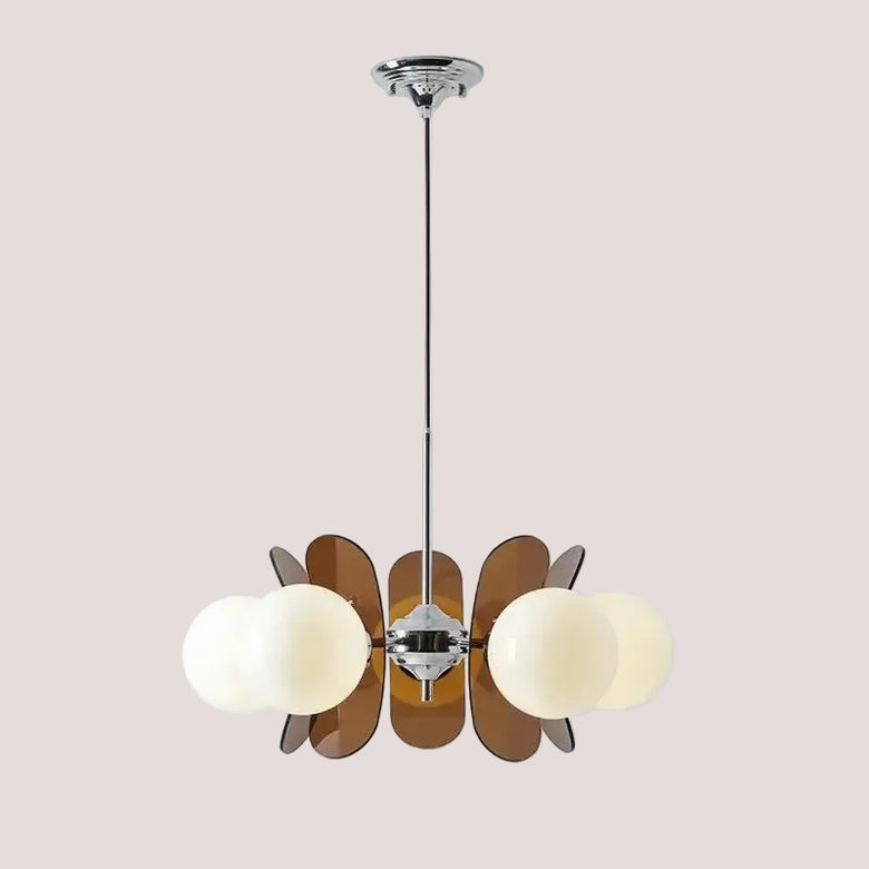 Rare Mid-Century Orange Plexiglass Chandelier: A Unique Vintage Gem with amber/brown reflectors and white frosted glass balls.