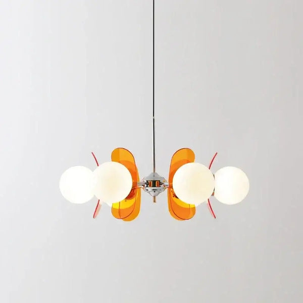 Rare Mid-Century Orange Plexiglass Chandelier: A Unique Vintage Gem with orange reflectors and frosted glass balls.