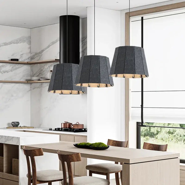 Modern Felt Pendant Lamp – Playful Stitch-Detail Chandelier for Dining Rooms, Bedrooms & Hotels in a stylish kitchen setting.
