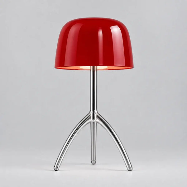 Hero - Red Mid-Century lamp Chrome Tripod with a textured white background
