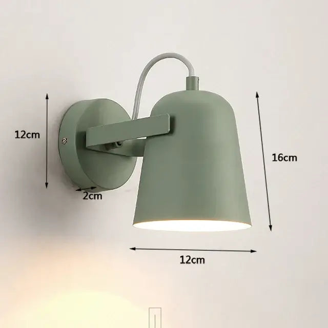 Nordic Bell Bedside Wall Lamp in green with adjustable shade and dimensions displayed for customized lighting.