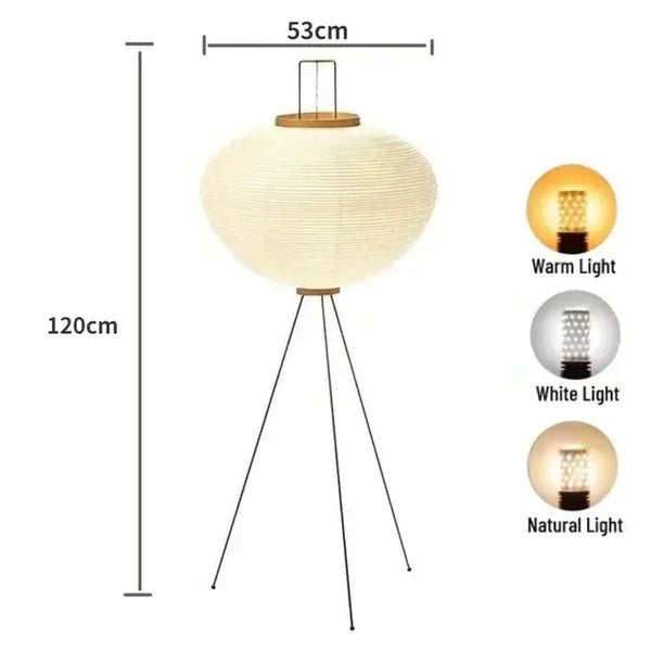 Japanese Rice Paper Table Lamp with dimensions 53cm x 120cm, offering warm, white, and natural light options.