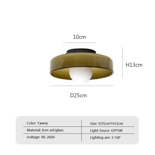 Retro Glass Disc Ceiling Light – Colourful Nordic Flush Mount Fixture for Hallways and Bedrooms in tawny color with glass disc.