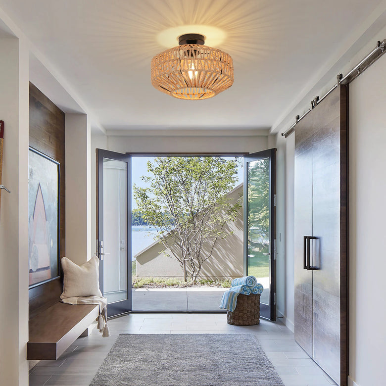 Hand-Woven Rattan Ceiling Light with Metal Base